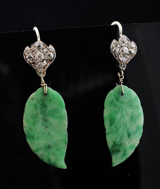 A pair of gold, diamond and jadeite drop earrings, 1.75in.